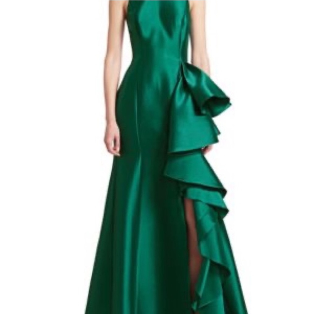 Badgley Mishka Emerald Green Evening Gown Size 4 Ruffle Detail, with Side Slit